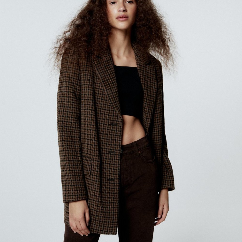 ZARA: Wool-Blend Houndstooth Blazer (Oversized XS)